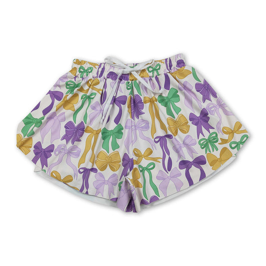 Purple green yellow bows women Mardi Gras active shorts