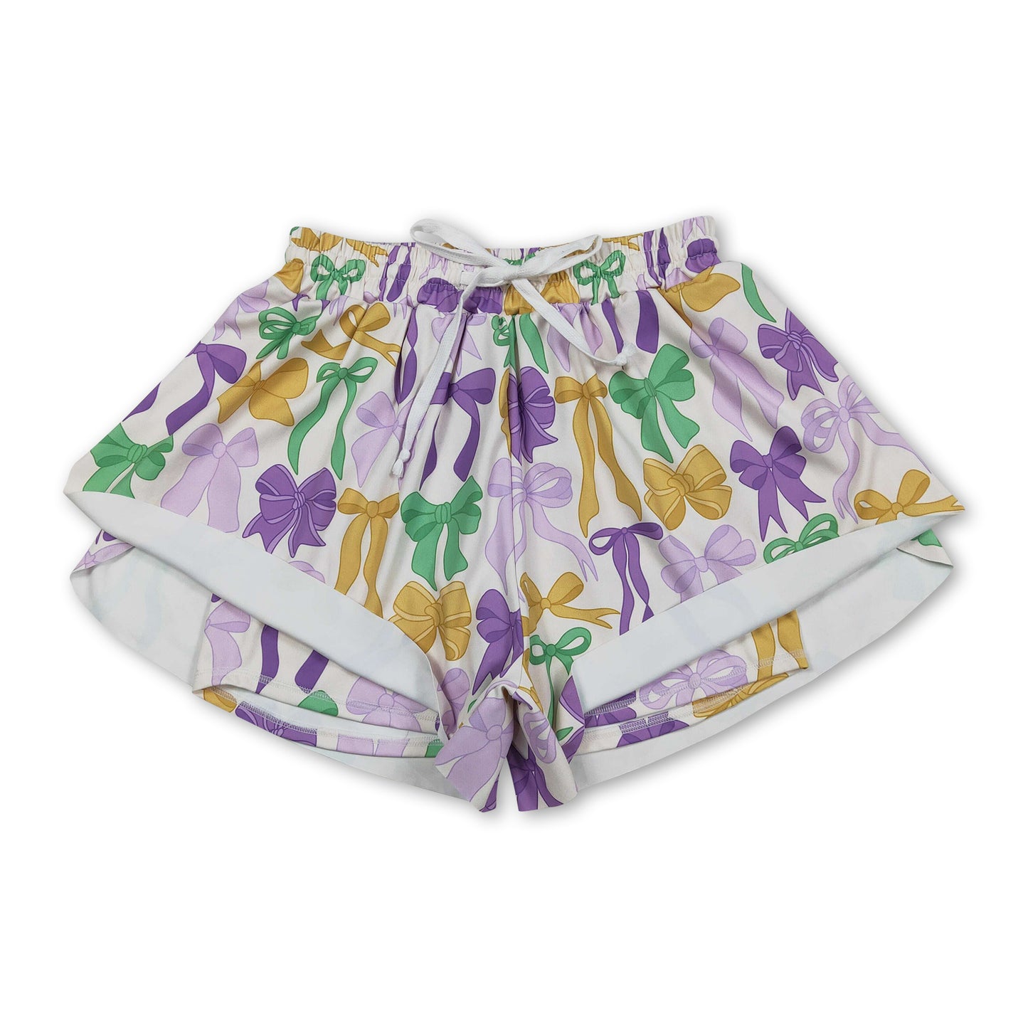 Purple green yellow bows women Mardi Gras active shorts