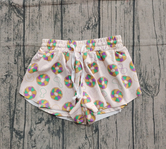 Purple green yellow donut kids girls Mardi Gras active shorts