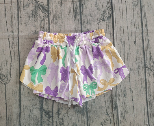 Purple green yellow bow kids girls Mardi Gras active shorts