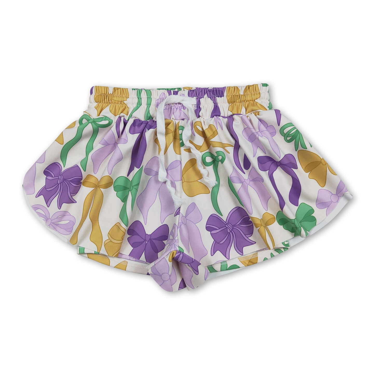 Purple green yellow bow kids girls Mardi Gras active shorts