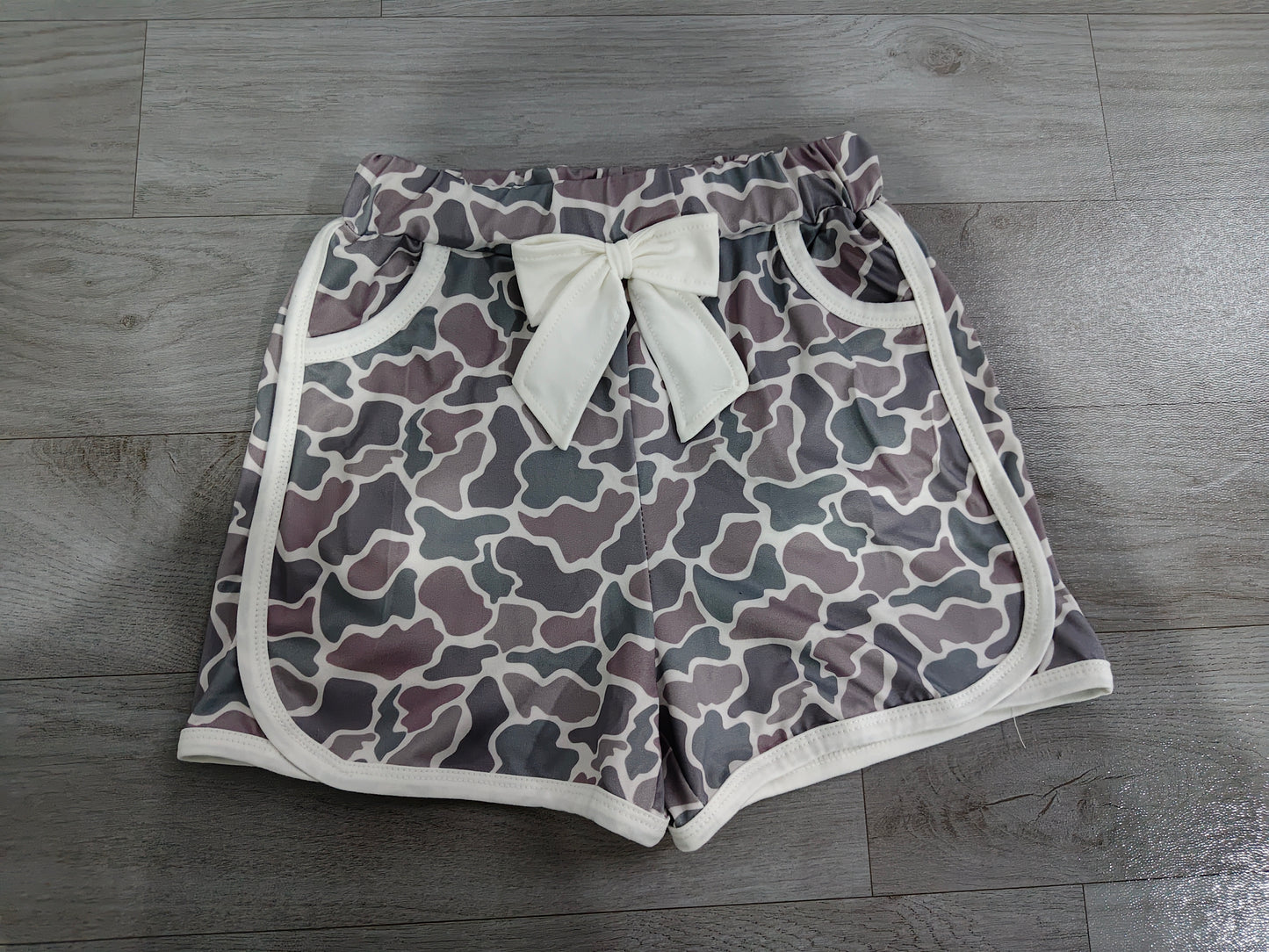 White bow camo pockets kids girls summer shorts