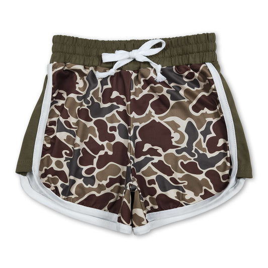 Dark green camo drawstring kids girls summer shorts