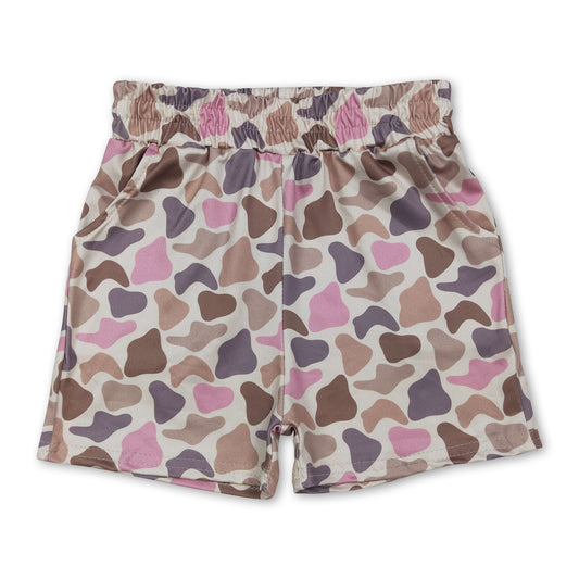 Pink brown camo pockets elastic kids girls shorts