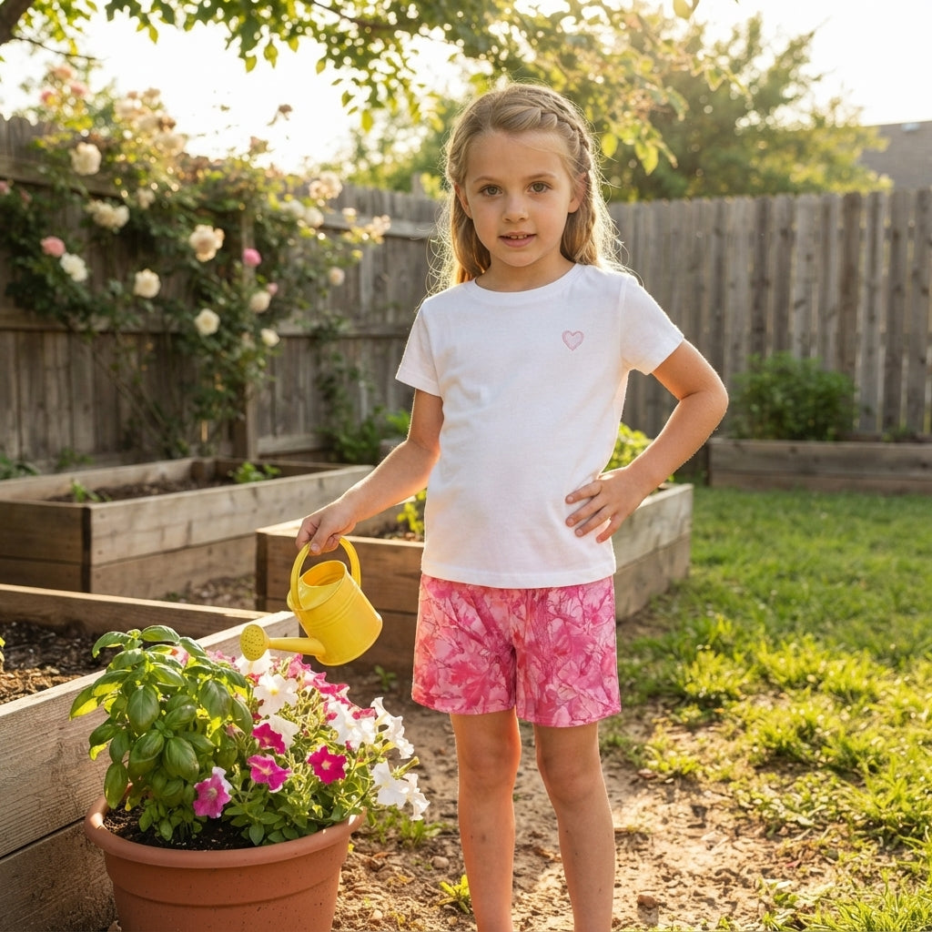 Pink leaves camo kids girls summer pocket shorts