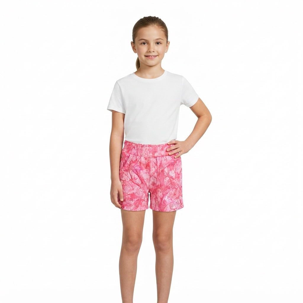 Pink leaves camo kids girls summer pocket shorts