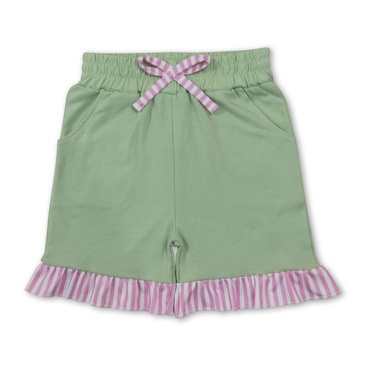 Pink stripe green ruffle cotton pockets kids girls shorts
