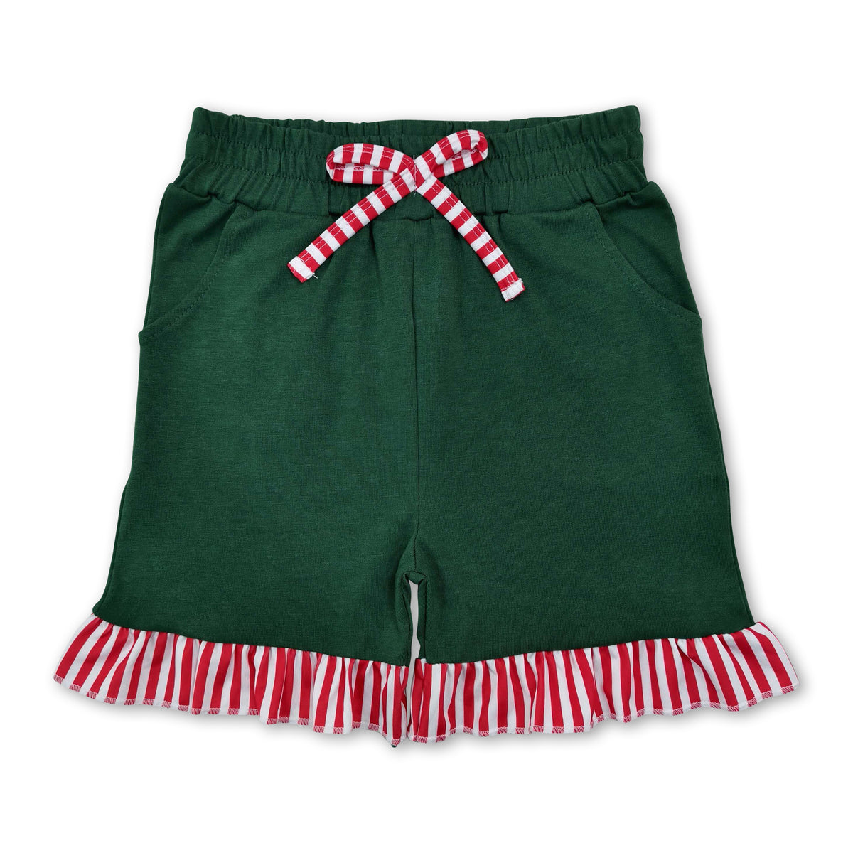 Red stripe ruffle dark green cotton kids girls shorts