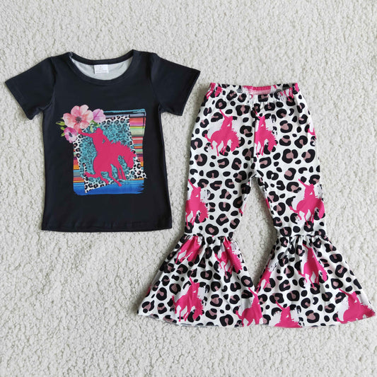 Cow girl black short sleeve shirt leopard bell bottoms pants girls western clothes