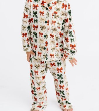 Red green bow girls Christmas button down pajamas