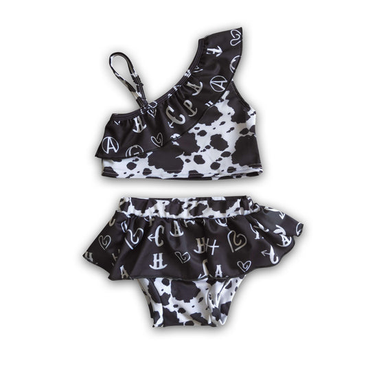 Letters cow print baby girls ruffle swimsuit