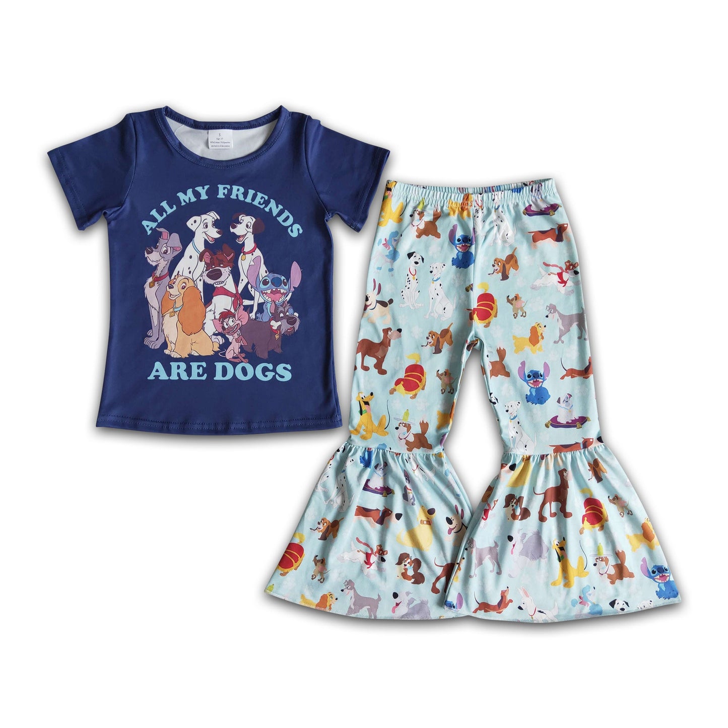 All my friends are dogs blue shirt bell bottom pants outfits kids boutique clothing