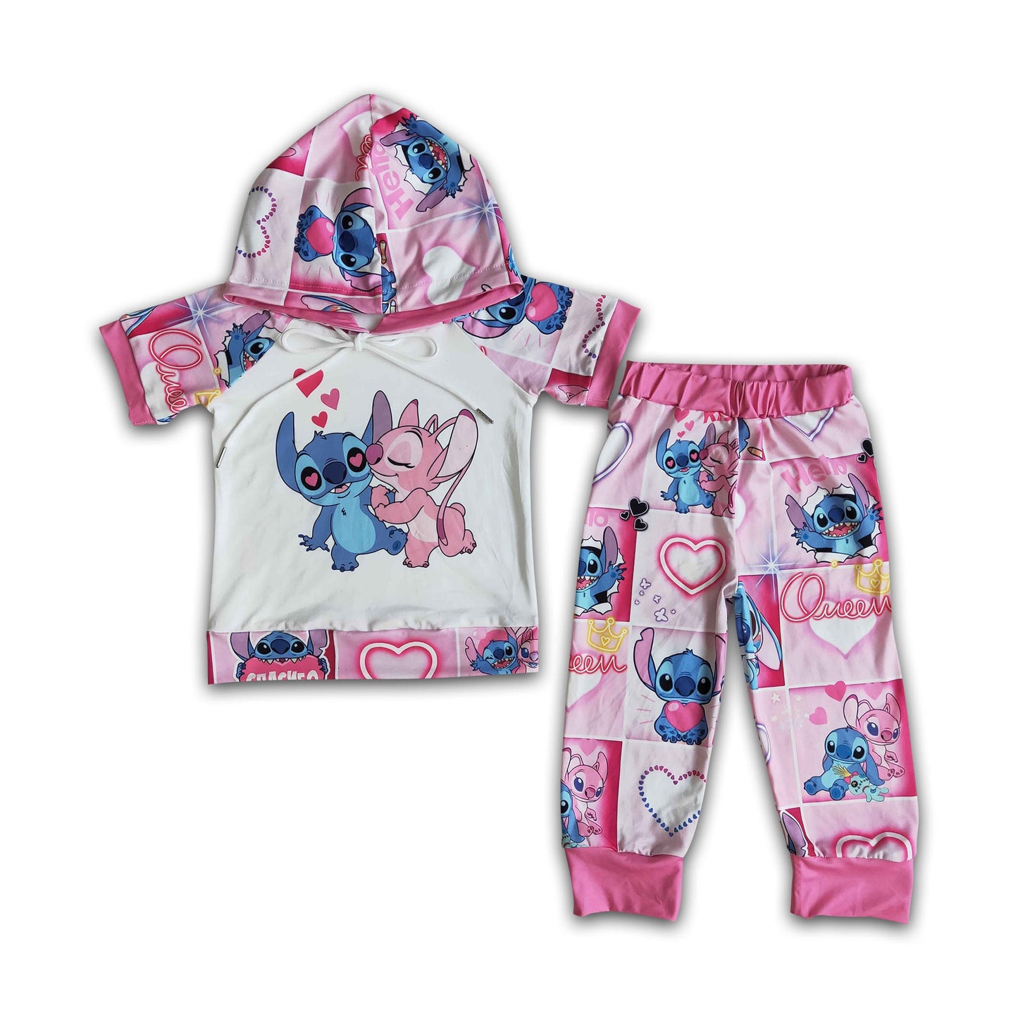 Short sleeve koala heart print girls pink valentine's hoodie set