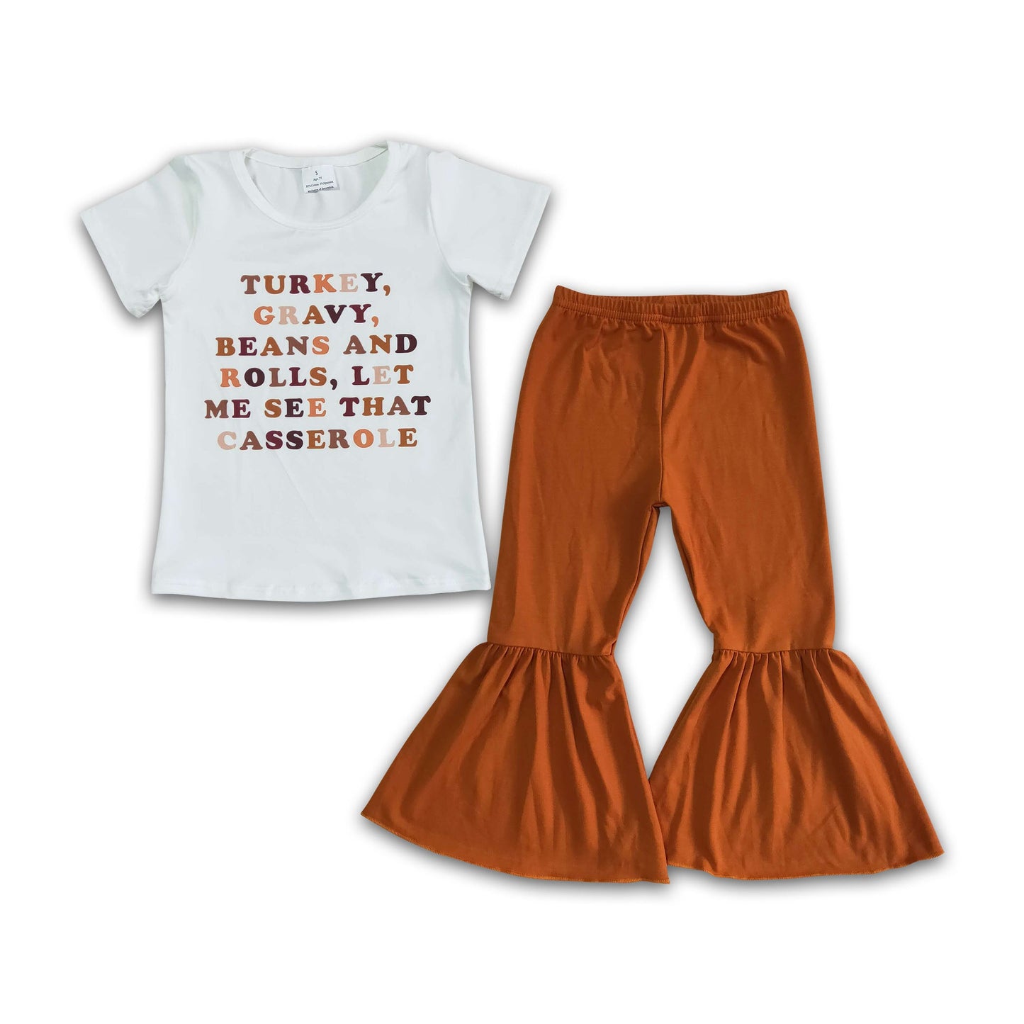 Turkey casserole shirt brown pants girls Thanksgiving outfits