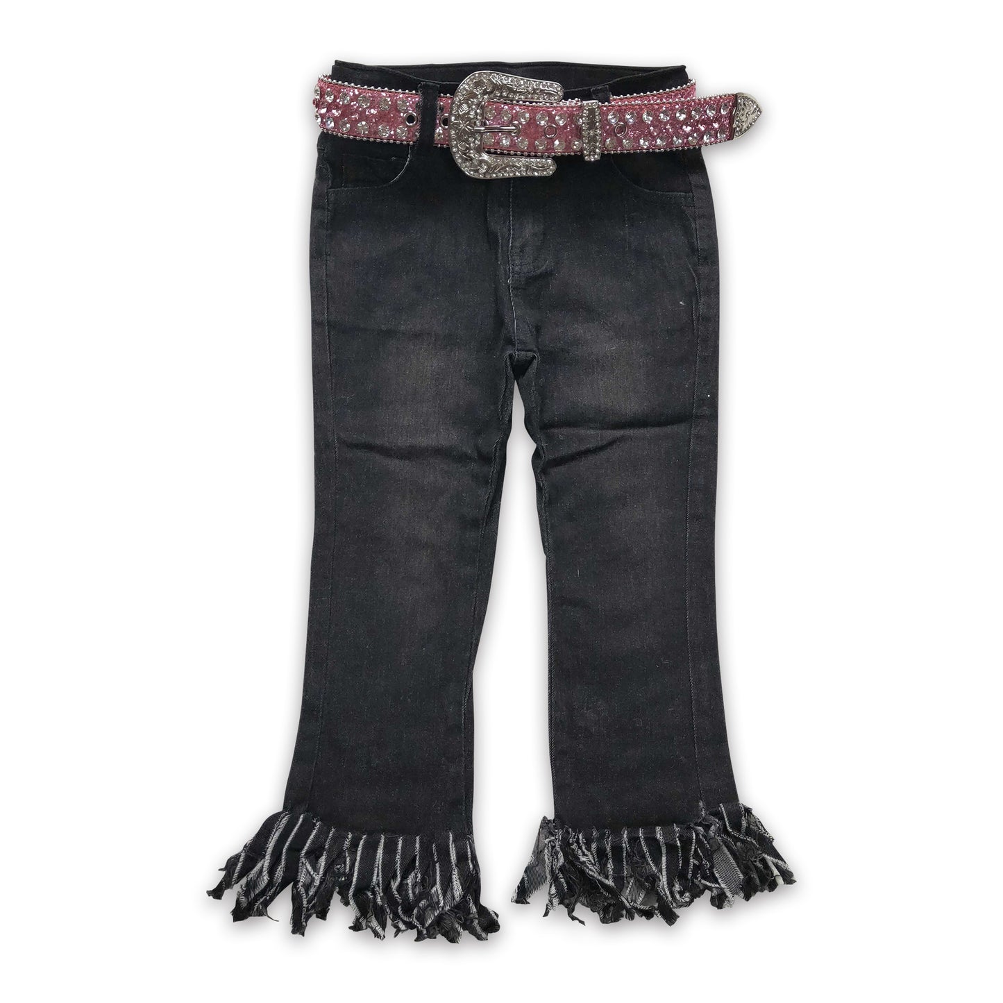 Girl Black Tassel denim pants match belt