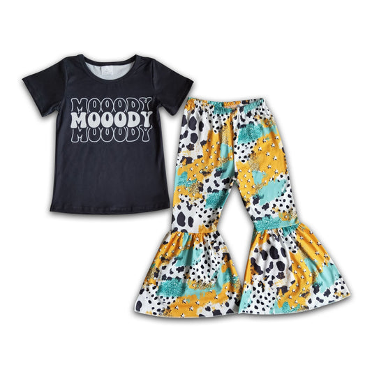 Moody black shirt cow print baby girls clothing set