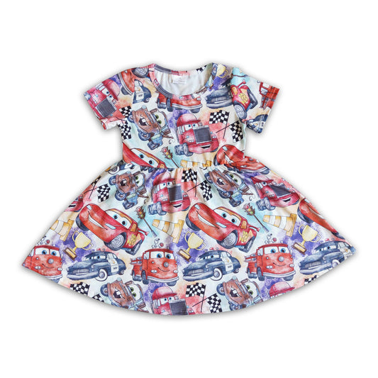 Short sleeve car print baby girls twirl dresses