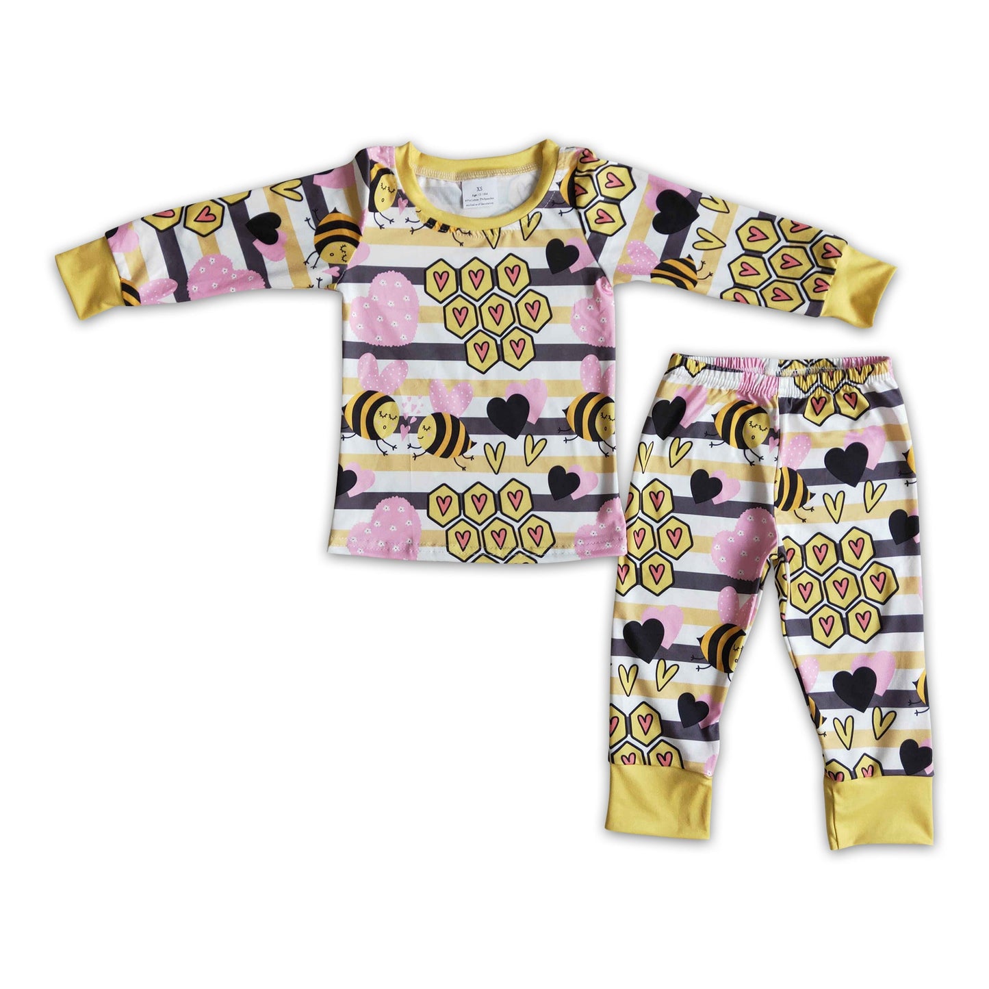 Bee heart print long sleeve kids children valentine's pajamas