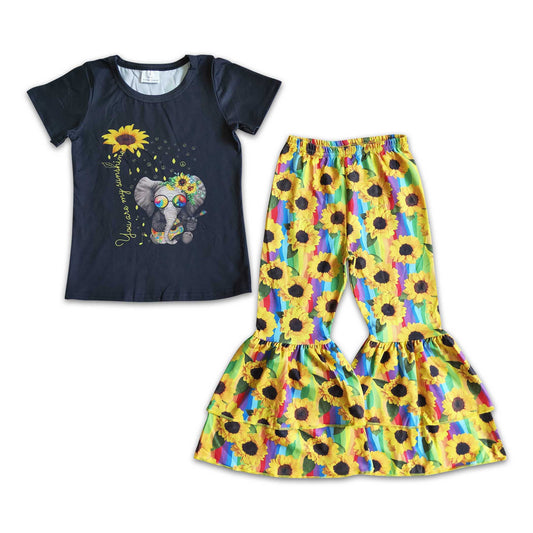 Short-sleeved Elephant Top Sunflower Bell-bottomed Pants Set