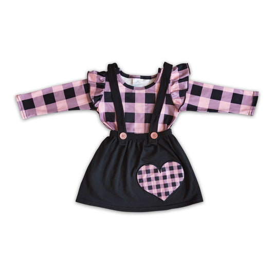 Heart embroidery plaid long sleeve shirt suspender skirt girls valentine's outfits