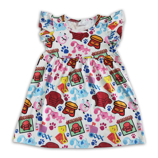 Cute blue dog print flutter sleeve baby girls pearl dresses