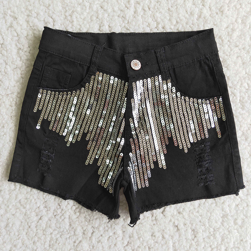 Girl Black Sequin denim shorts