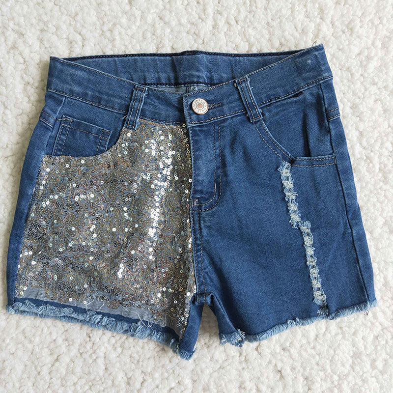 Girl Blue Sequin waistband denim shorts