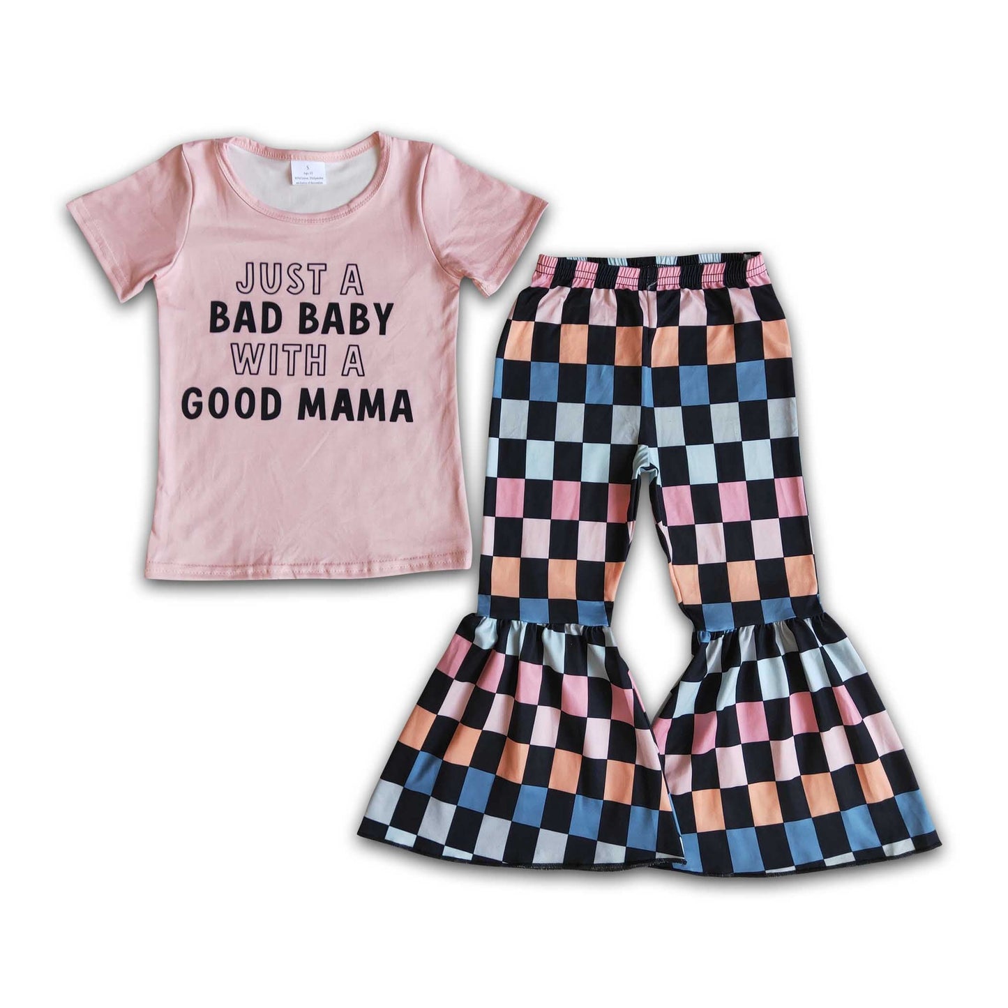 Just a bad baby with a good mama plaid pants little girls clothes