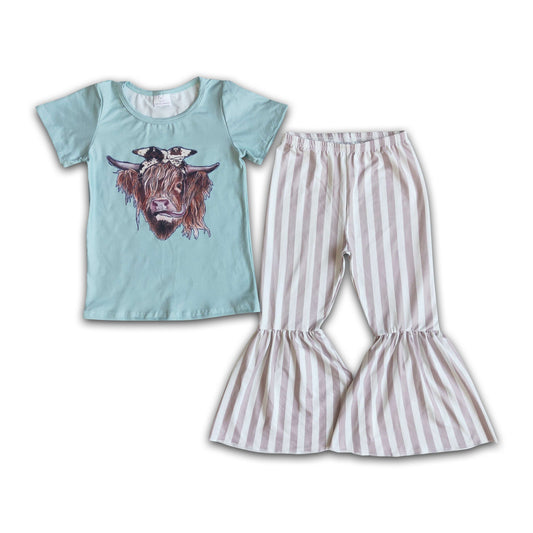 Cow print short sleeve shirt stripe bell bottom pants girls clothing