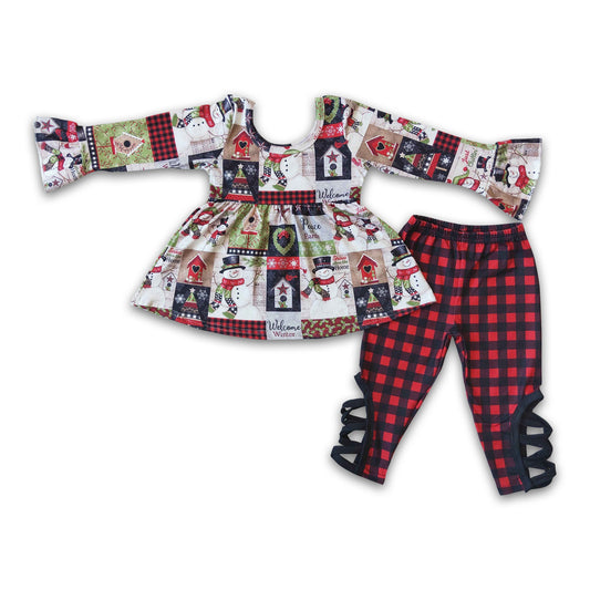 Snowman print tunic plaid leggings girls Christmas clothing