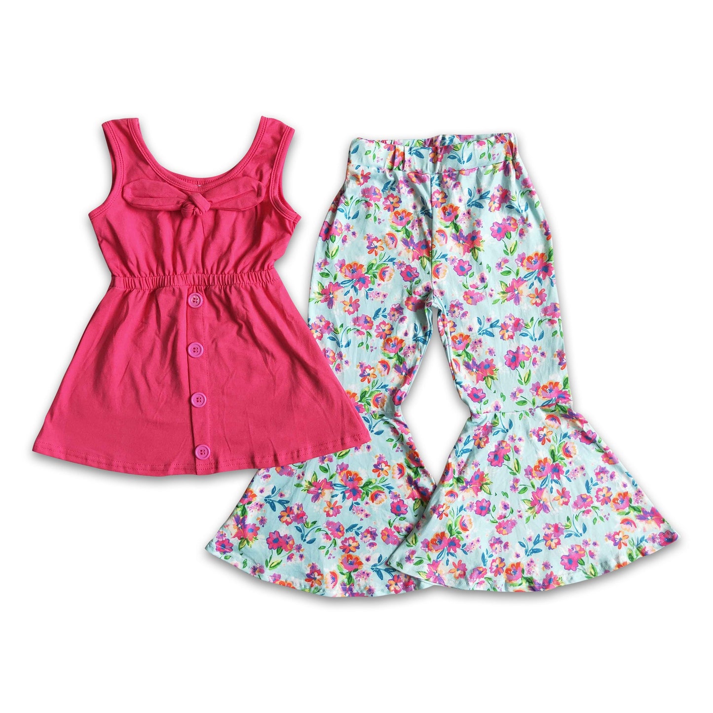 Girl Solid Bow Floral Outfit