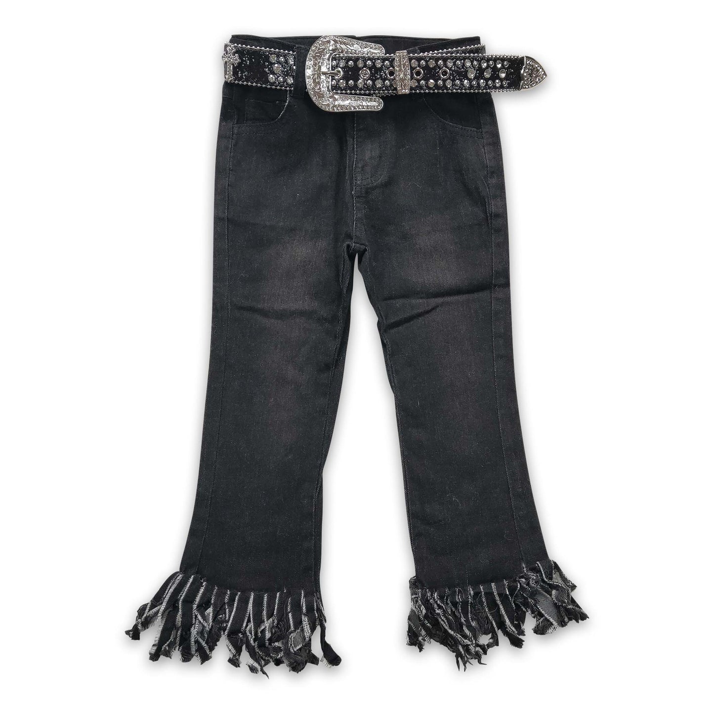 Girl Black Tassel denim pants match belt