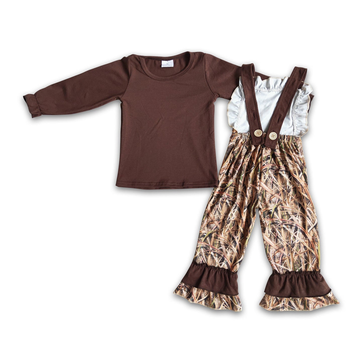 Brown cotton shirt camo overalls girls boutique clothing