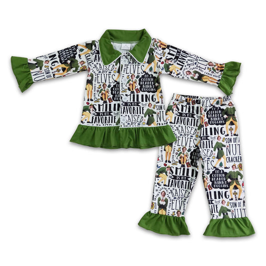 Green ruffle long sleeve naughty and nice girls Christmas pjs