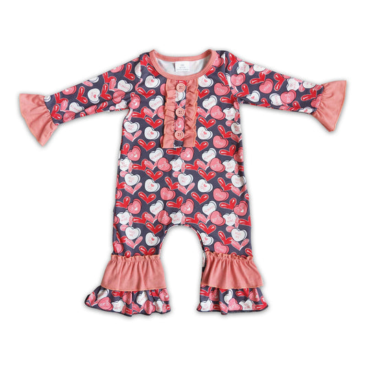 Heart print long sleeve baby girls valentine's romper