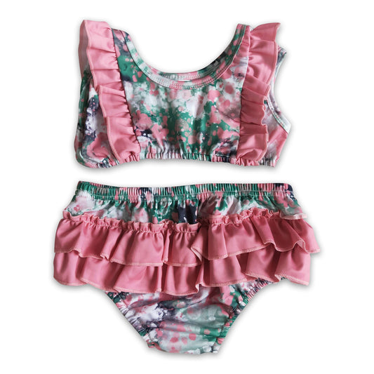 Tie dye print sleeveless ruffle bummies baby girls swimsuit