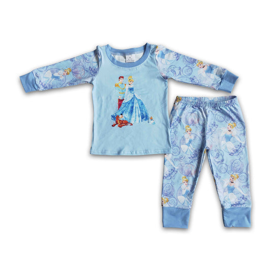 Blue long sleeve cute print carriages girls fall winter princess pajamas