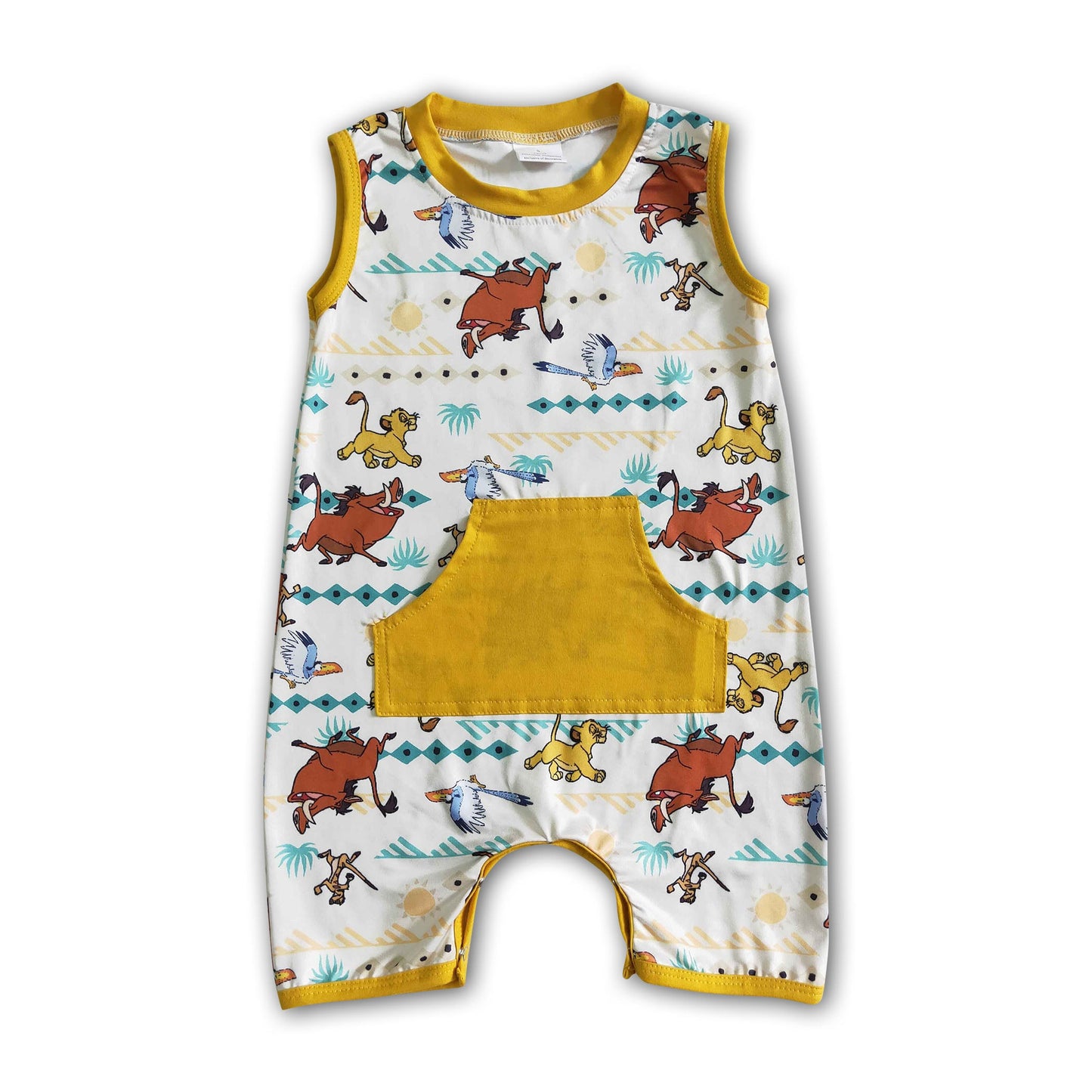 Yellow pocket sleevelss lion baby boy summer romper