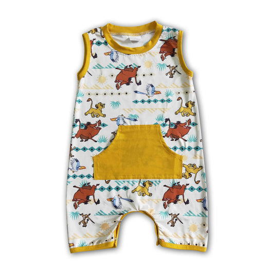 Yellow pocket sleevelss lion baby boy summer romper