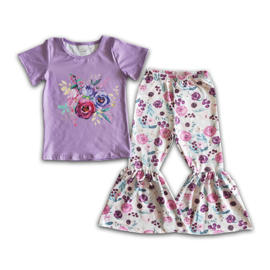 Purple floral short sleeve bell bottom pants girls spring clothing