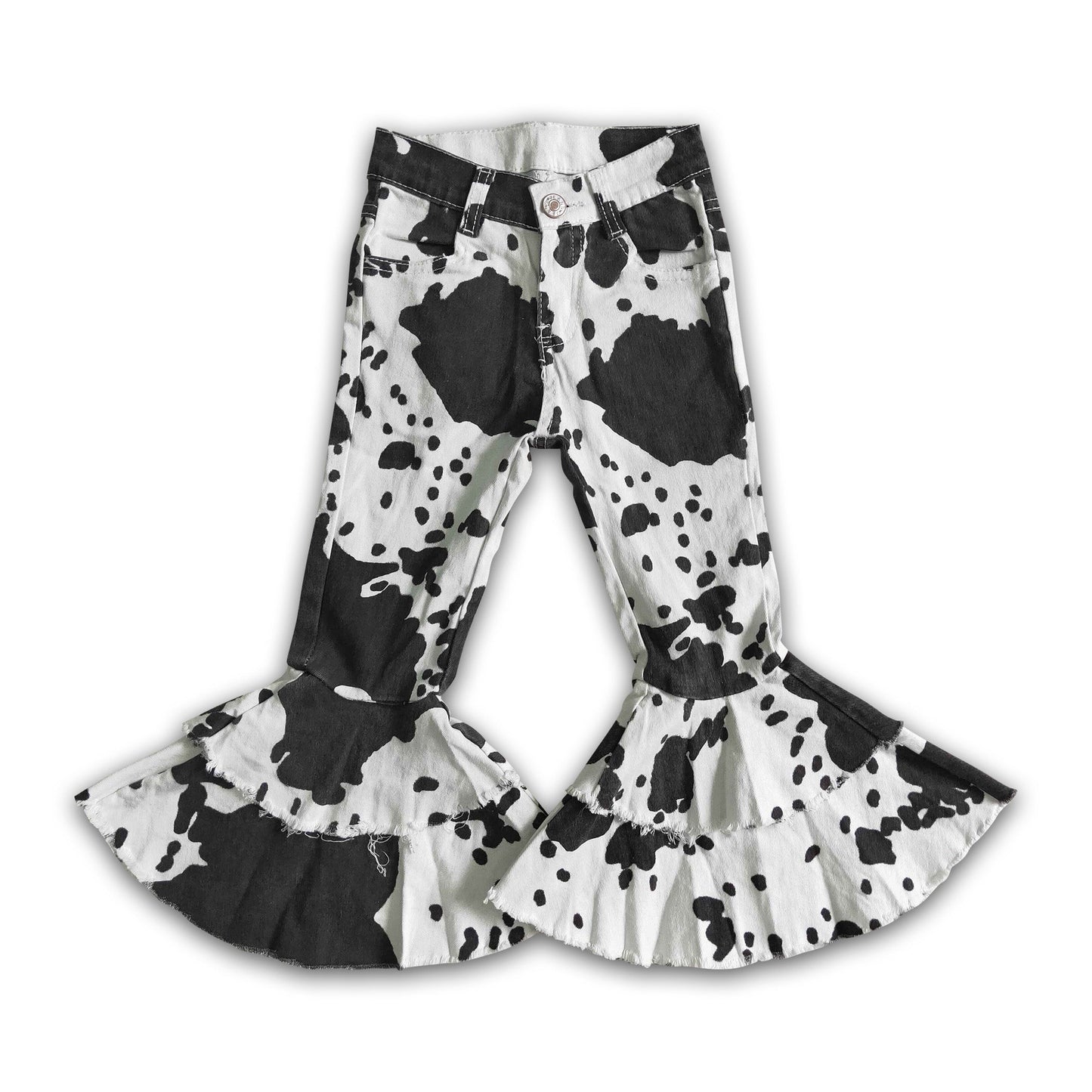 Black white cow denim pants girls ruffle jeans match belt