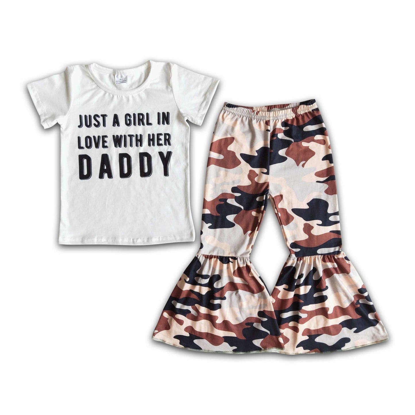 Just a girl in love with her daddy camo bell bottom pants girls boutique clothes