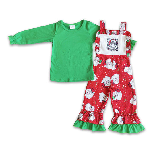 Green cotton shirt santa overalls girls Christmas clothing