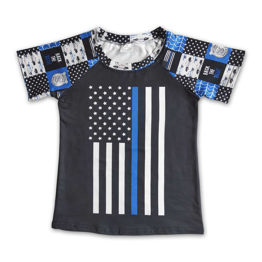 Flag print short sleeve blue line boy summer shirt