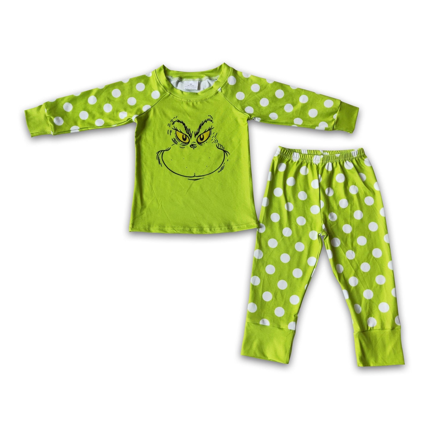 Green face screen print polka dots girls Christmas pajamas