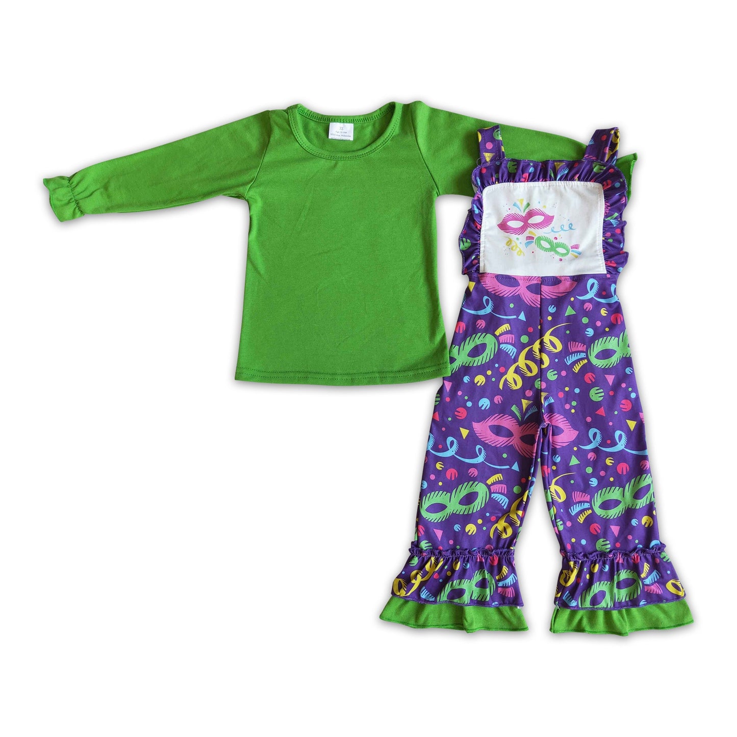 Green long sleeve shirt overalls girls children mardi gras outfits