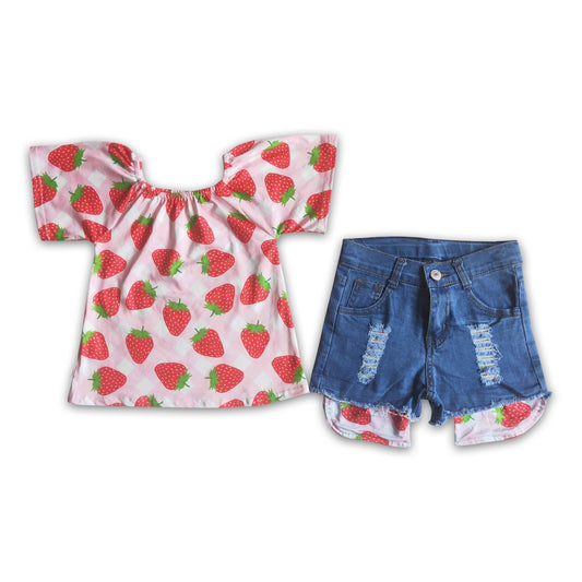 Strawberry shirt match denim shorts girls summer clothing