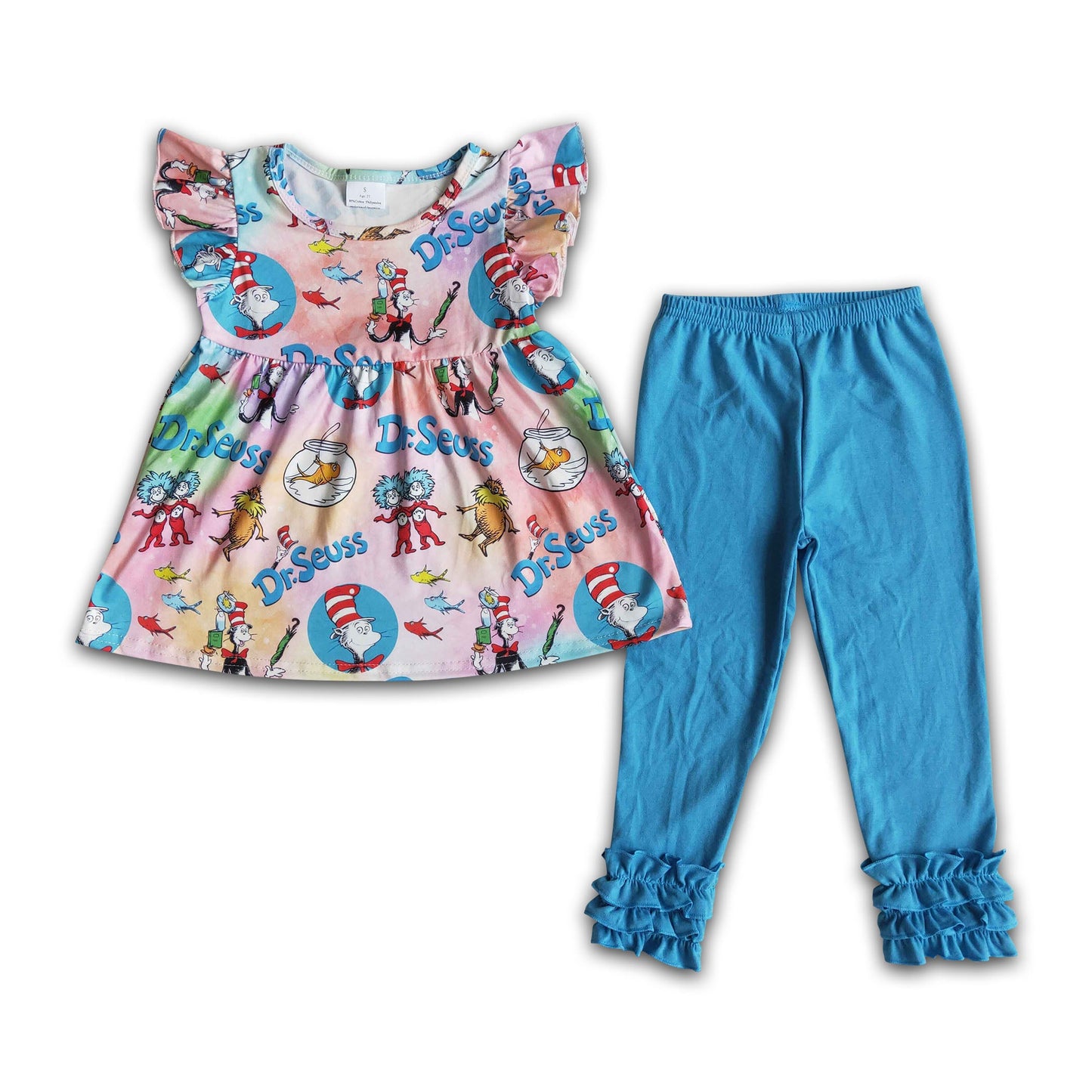 Flutter sleeve cat shirt blue icing ruffle pants girls boutique clothes