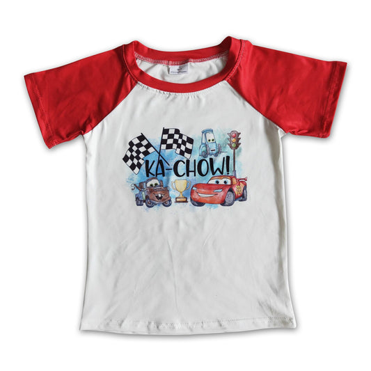 Red short sleeve screen car print boy shirt