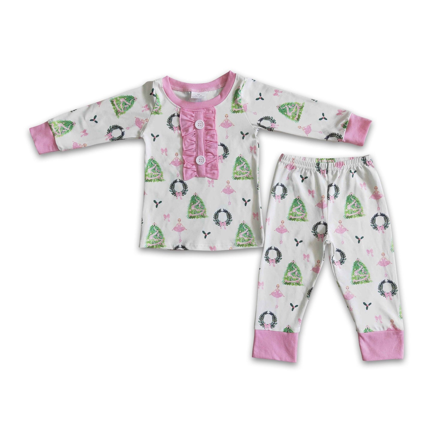 Pink Christmas tree print girls Christmas pajamas